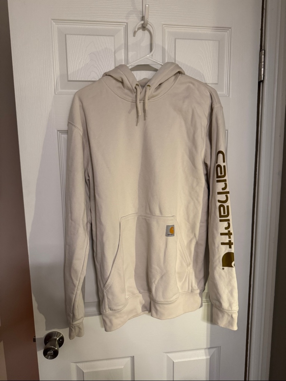 Nwot Carhartt Cream Hooded Sweatshirt with Gold Sleeve Script